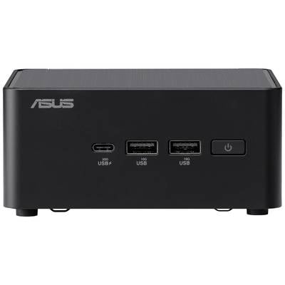 Schwarzer Asus-Mini-Computer mit drei USB-Anschlüssen und einem Netzschalter auf der Vorderseite.