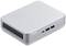 Silberner Mini-PC mit Lüftungsschlitzen an der linken Seite, zwei USB-Anschlüssen, Audioanschluss und Ein-/Ausschalter an der Vorderseite.