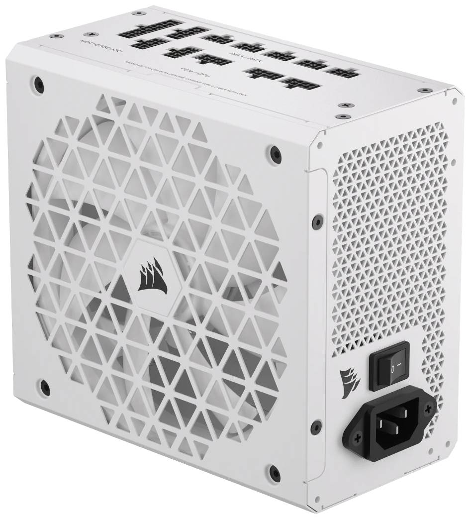 Ein weißes Computer-Netzteil mit modularen Anschlüssen und einem Lüftergitter mit Dreiecksdesign.