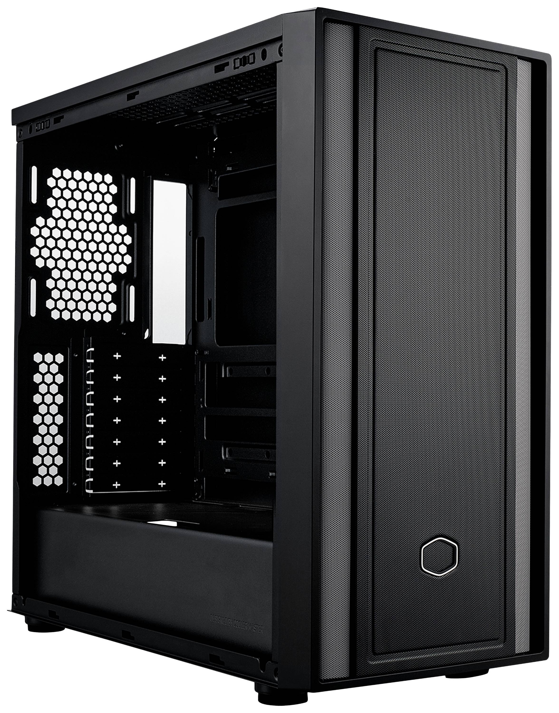 Schwarzes Computergehäuse aus Metall und Kunststoff mit rechteckiger Form, offener Innenraum für Komponentenmontage sichtbar.