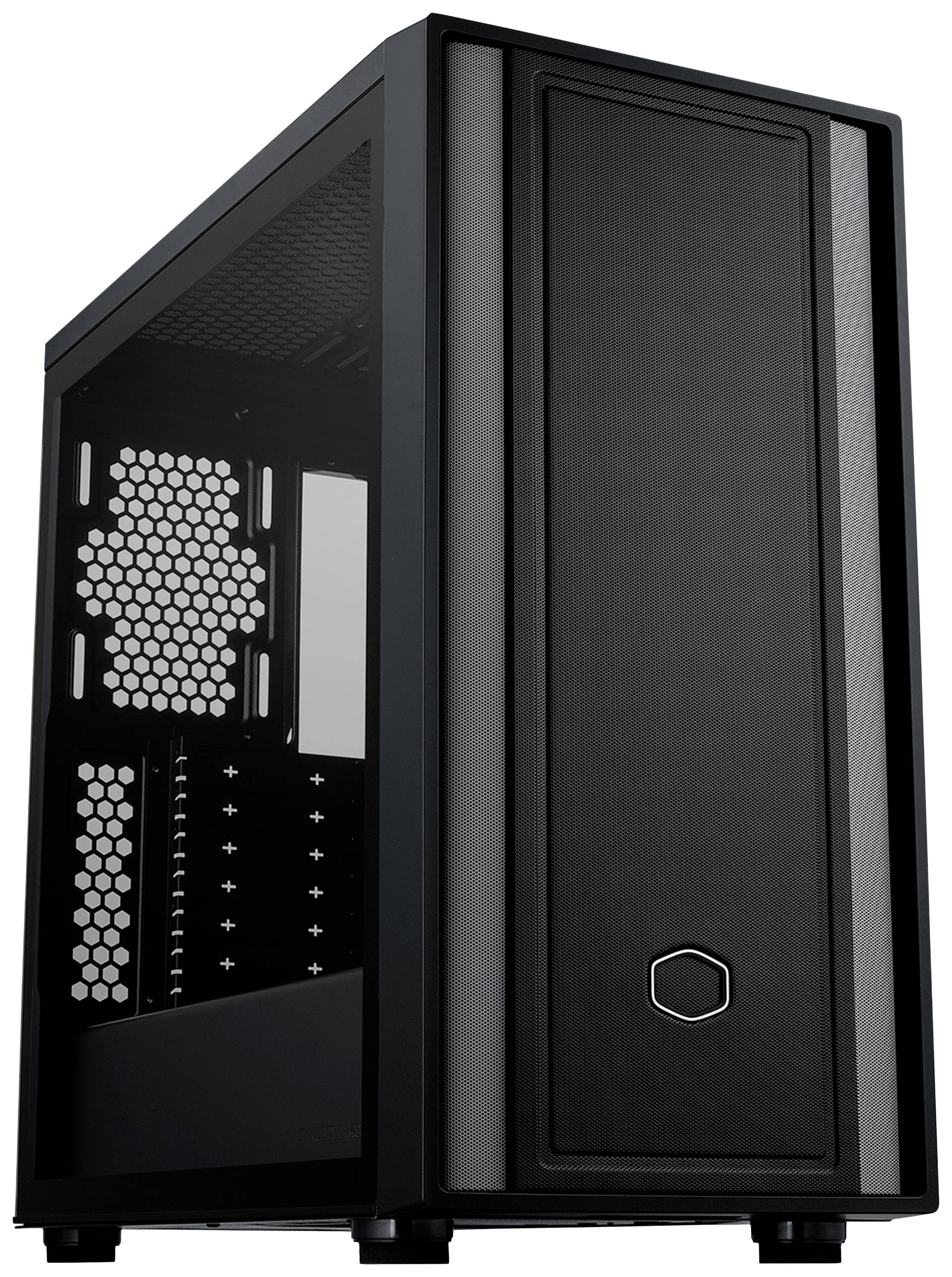 Ein schwarzes Computergehäuse mit Mesh-Front und transparenter Seitenwand, geeignet für PC-Hardware-Installation.