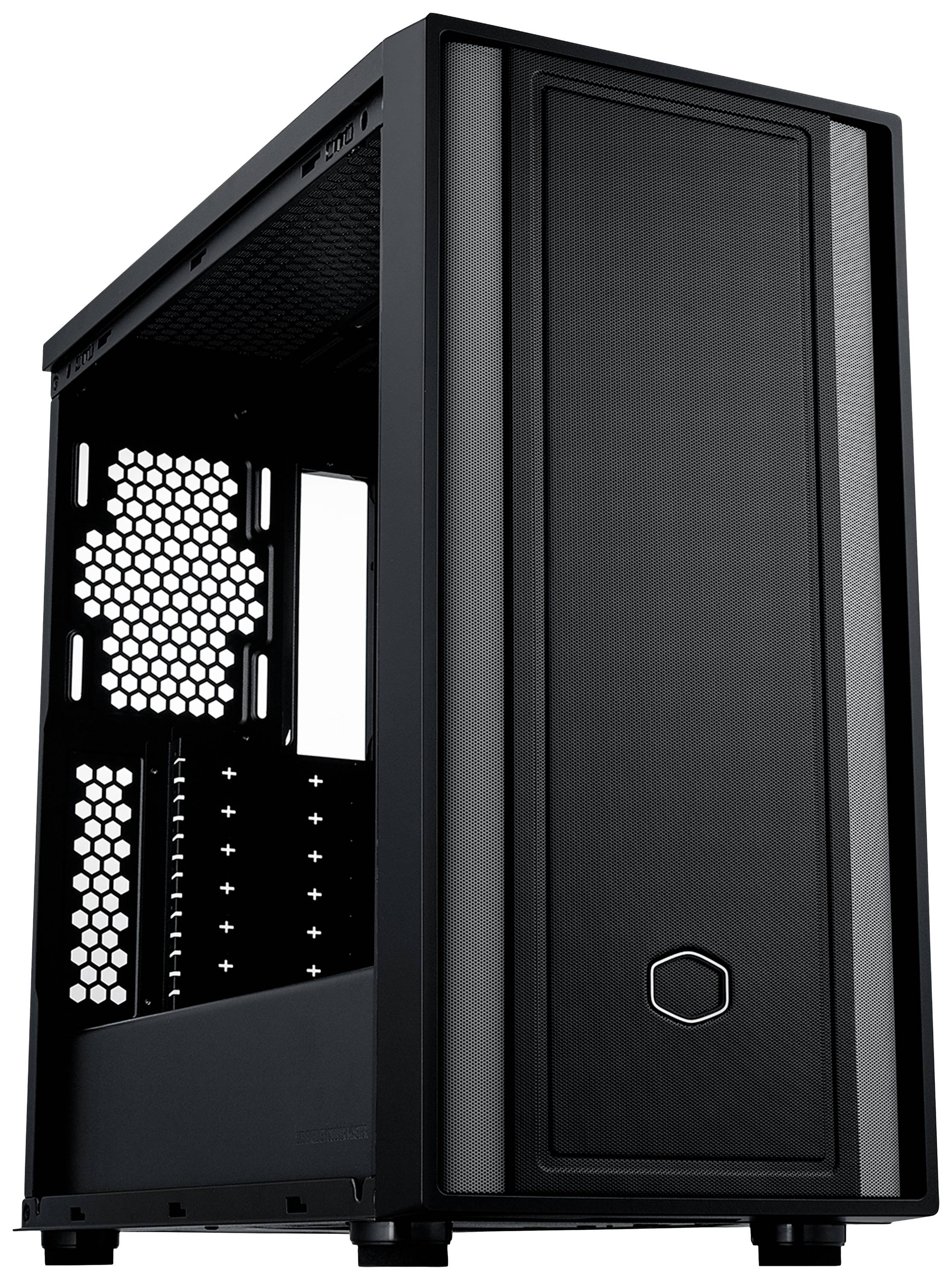 Ein schwarzes Computergehäuse steht aufrecht. Es ist offen, zeigt den Innenraum mit Platz für Komponenten und Lüftungsschlitze.