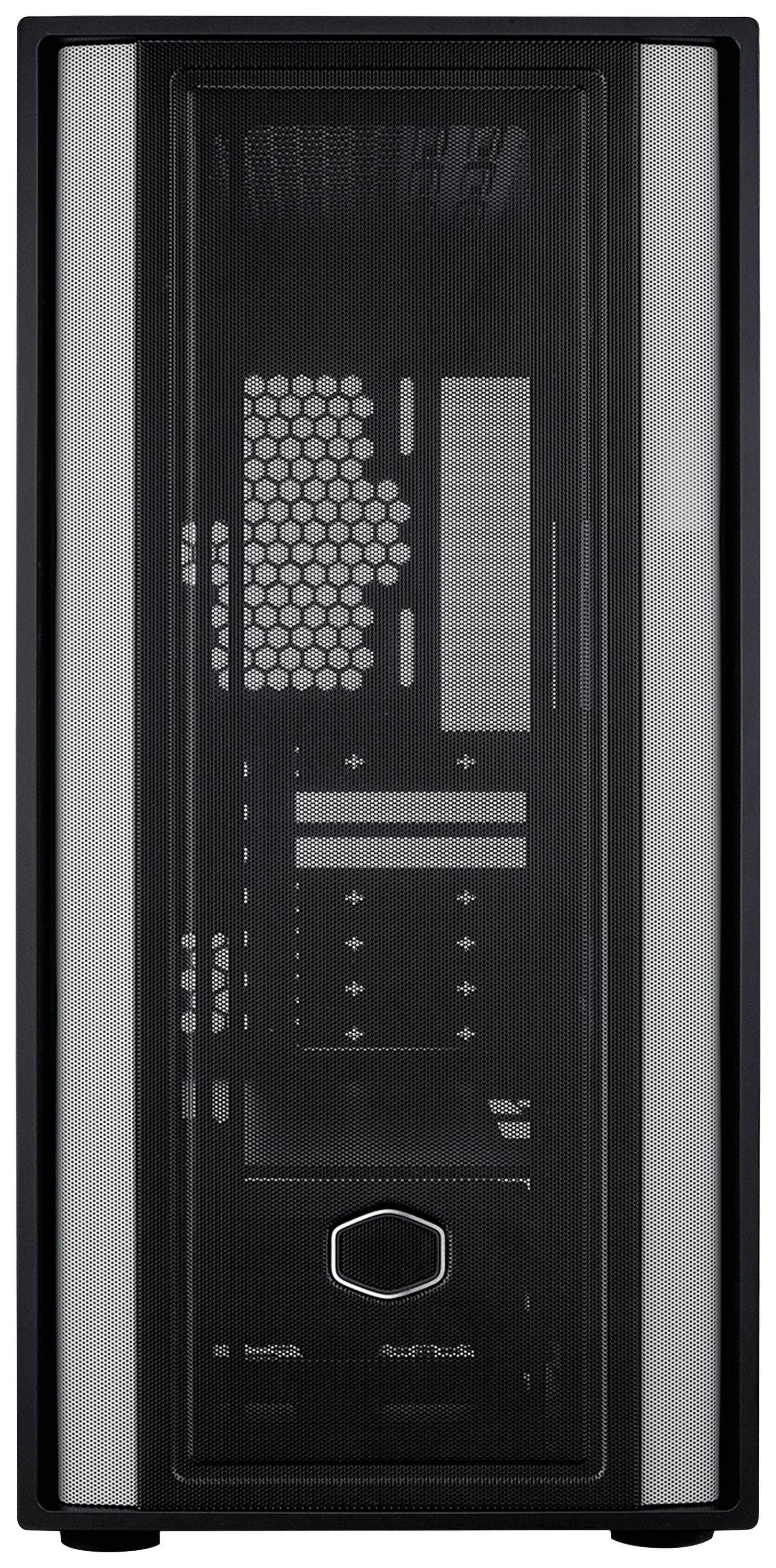 Ein schwarzes Computergehäuse mit Lüftungsgitter an der Vorderseite, mehreren Einschüben und Anschlüssen für interne Komponenten.