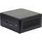 Ein schwarzer Mini-PC mit USB-Anschlüssen und einem Power-Button an der Vorderseite, geeignet für kompakte Arbeitsplätze.