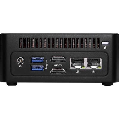 Ein kompakter, schwarzer Computer mit Anschlüssen: zwei USB- und zwei HDMI-Anschlüsse oben, zwei Netzwerkschnittstellen unten.