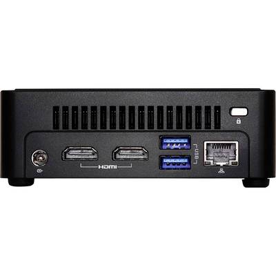 Ein schwarzer Mini-PC von vorne mit HDMI-Anschlüssen, USB 3.0-Anschlüssen und einem Ethernet-Anschluss. Lüftungsschlitze oben.