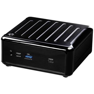 Schwarzer Mini-PC mit mehreren USB-Anschlüssen auf der Vorderseite. Kompakte Bauweise für vielseitige Nutzungsmöglichkeiten.