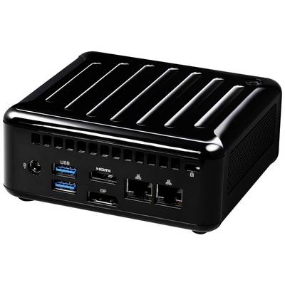 Ein kompakter, schwarzer Mini-PC mit mehreren Anschlussmöglichkeiten: USB, HDMI, DisplayPort und Ethernet-Schnittstellen an der Vorderseite.