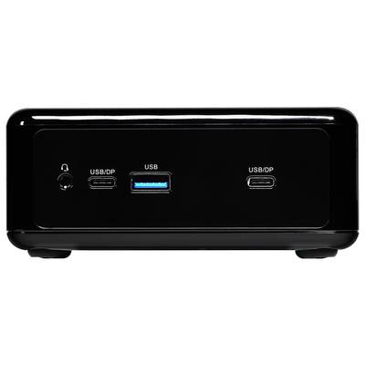 Schwarze Computer-Dockingstation mit zwei USB/DP-Anschlüssen, einem USB-Anschluss und einem Kopfhöreranschluss auf der Vorderseite.