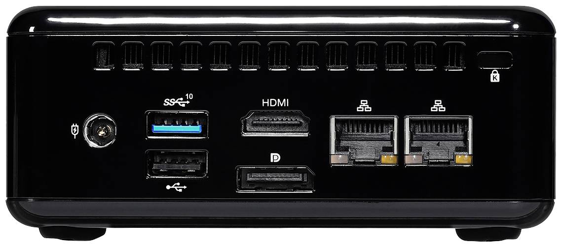 Rückansicht eines kleinen, schwarzen Mini-PCs mit verschiedenen Anschlüssen: HDMI, USB, Ethernet und Audio.