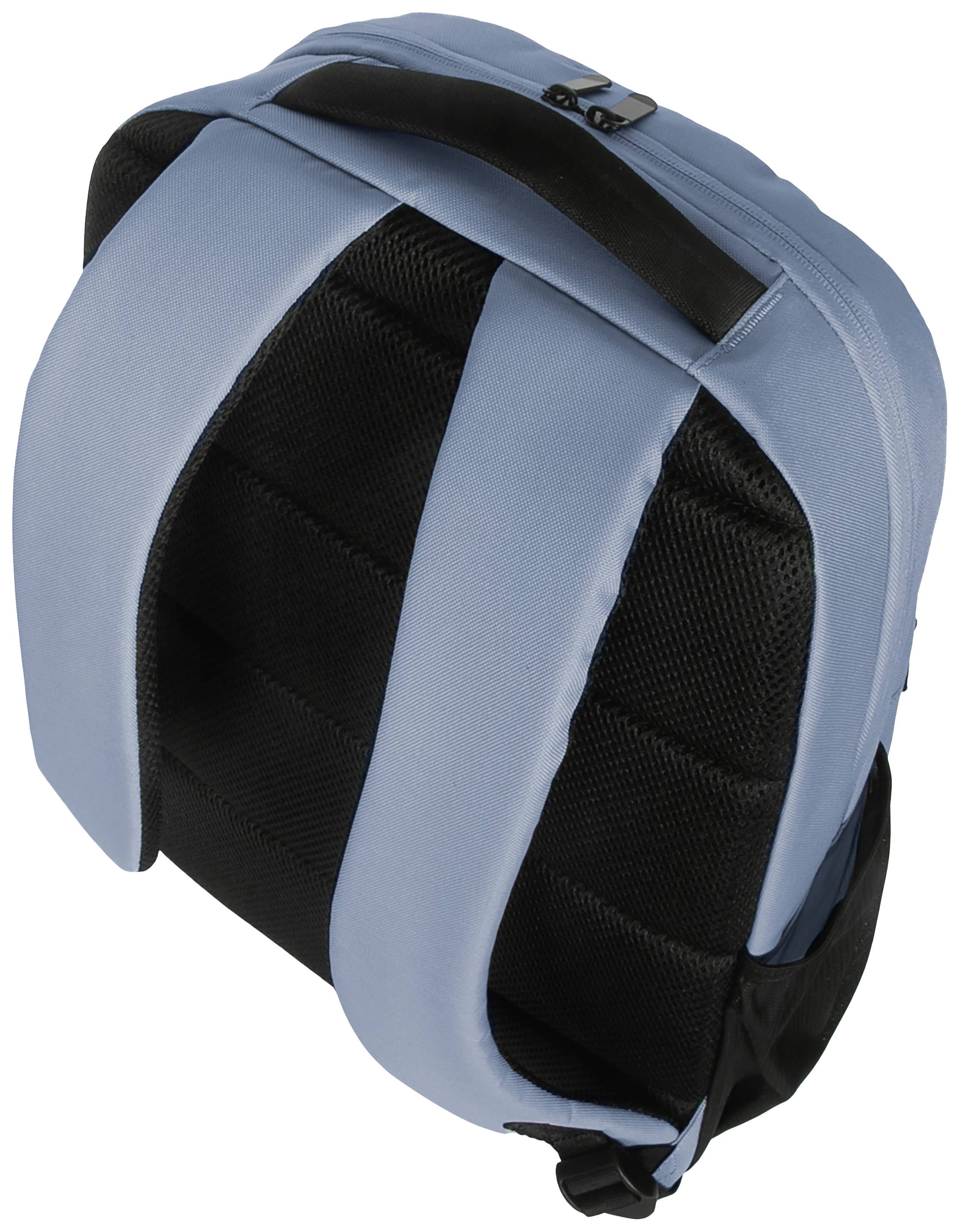 Blauer Rucksack mit schwarzen, gepolsterten Schultergurten und Tragegriff. Rückseite aus schwarzem, atmungsaktivem Material.