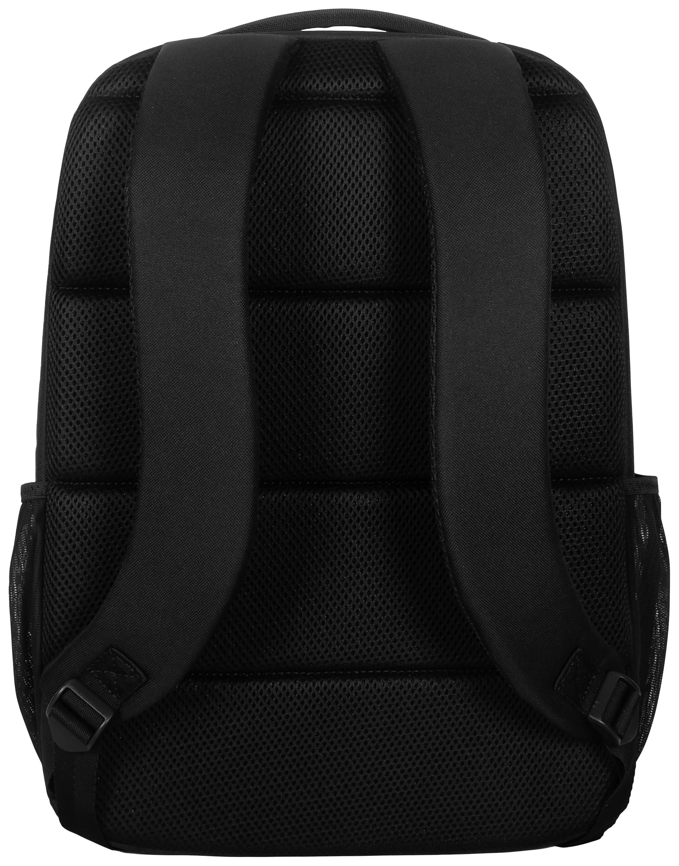 Schwarzer Rucksack von hinten mit gepolsterten Schultergurten und Netzrücken für Belüftung.