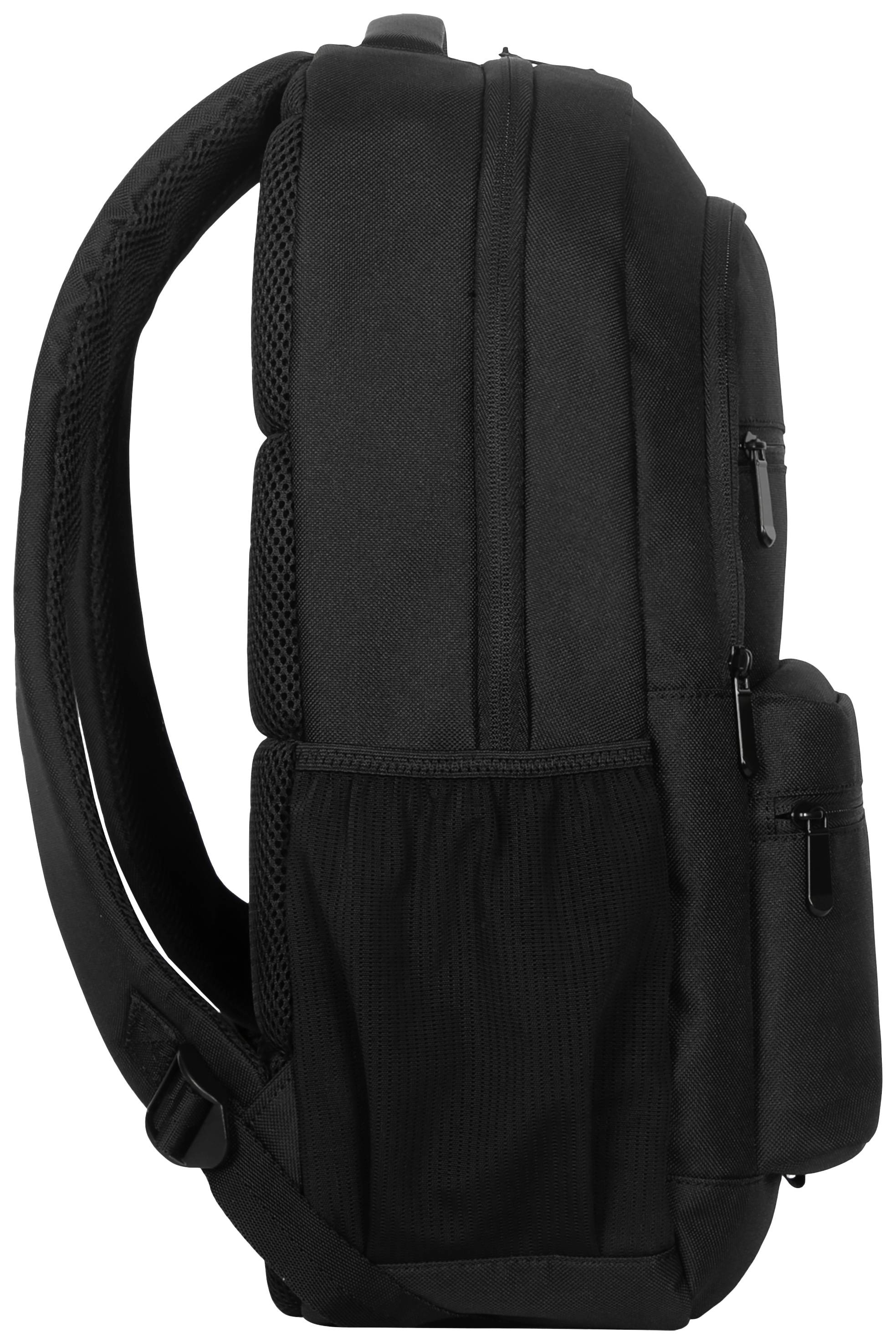 Schwarzer Rucksack in Seitensicht mit mehreren Reißverschlussfächern und Schulterriemen.