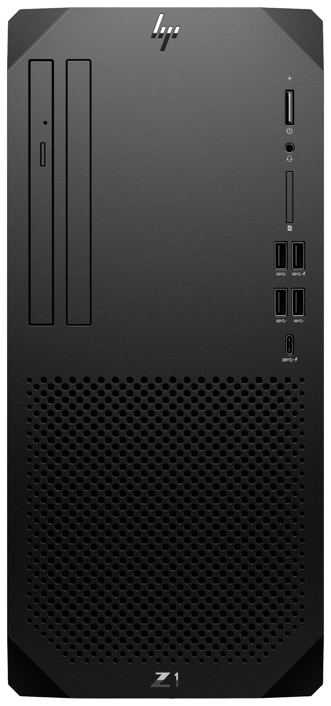 Ein schwarzes Computergehäuse mit mehreren USB-Anschlüssen, Lüftungsgitter und Laufwerksschächten auf der Vorderseite.