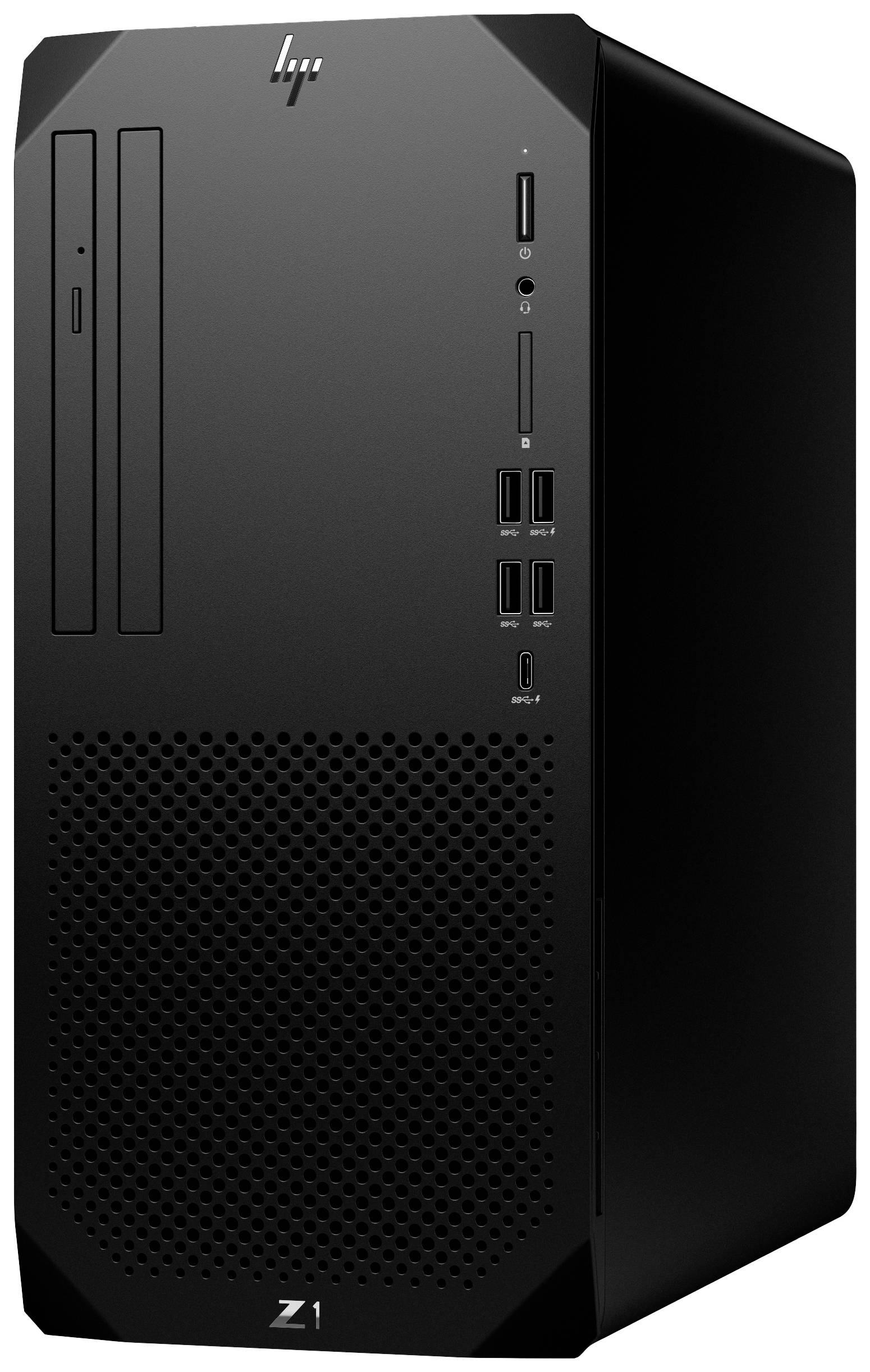 Schwarzer Desktop-Computer mit zwei Laufwerksschächten und mehreren USB-Anschlüssen an der Vorderseite.