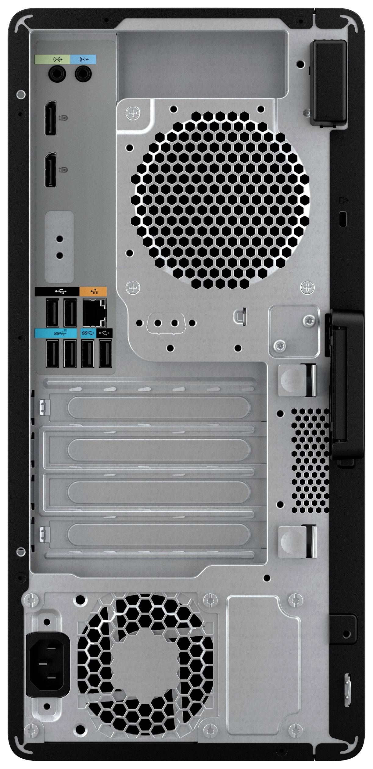 Rückseite eines Computergehäuses mit Anschlüssen: vier USB-Ports, Audioanschlüsse, Netzwerkanschluss und Lüftergitter für Kühlung.