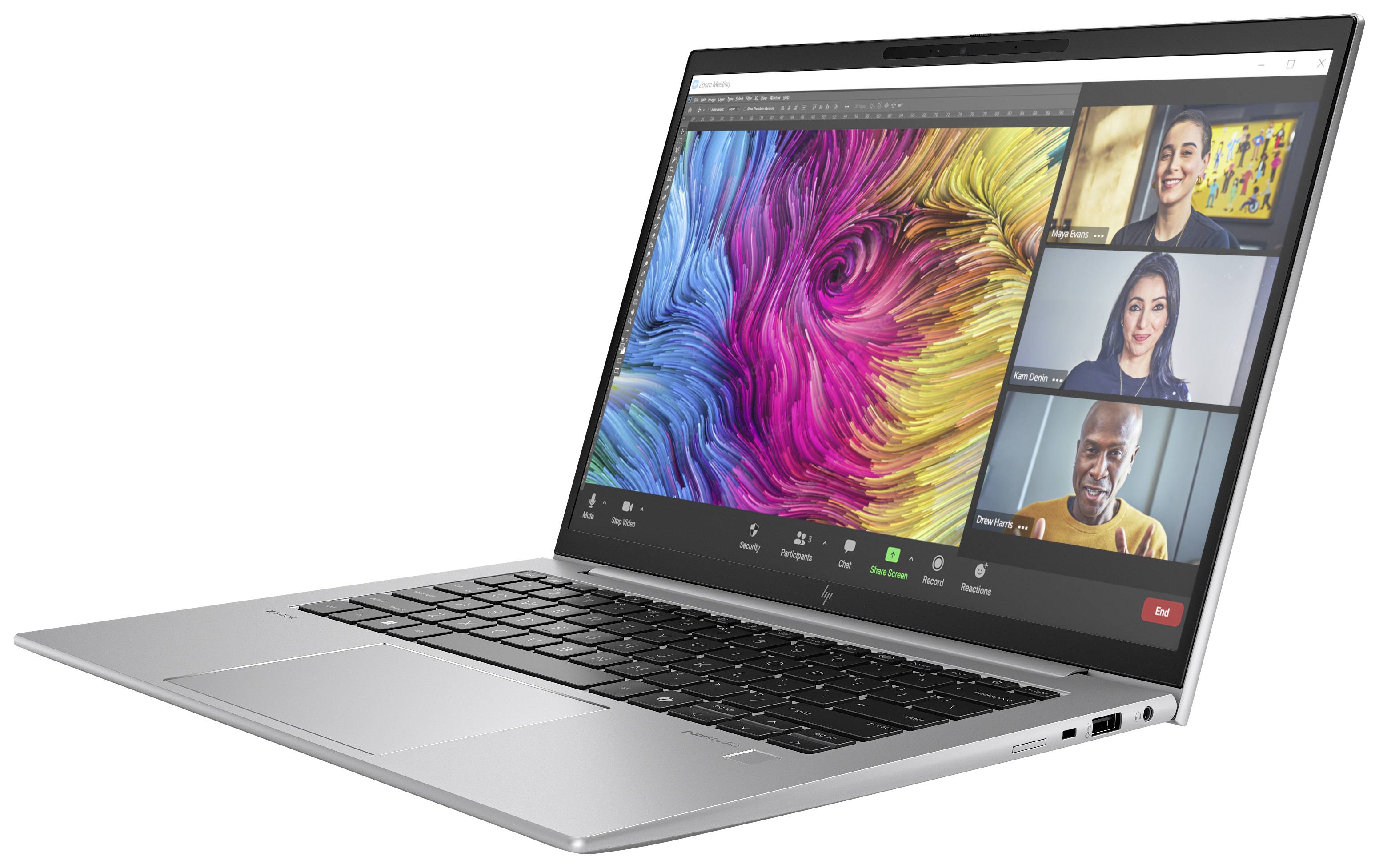 Ein Laptop mit Videokonferenz auf dem Bildschirm. Drei Personen in der Konferenz. Der Bildschirmhintergrund zeigt ein buntes, wirbelndes Muster.