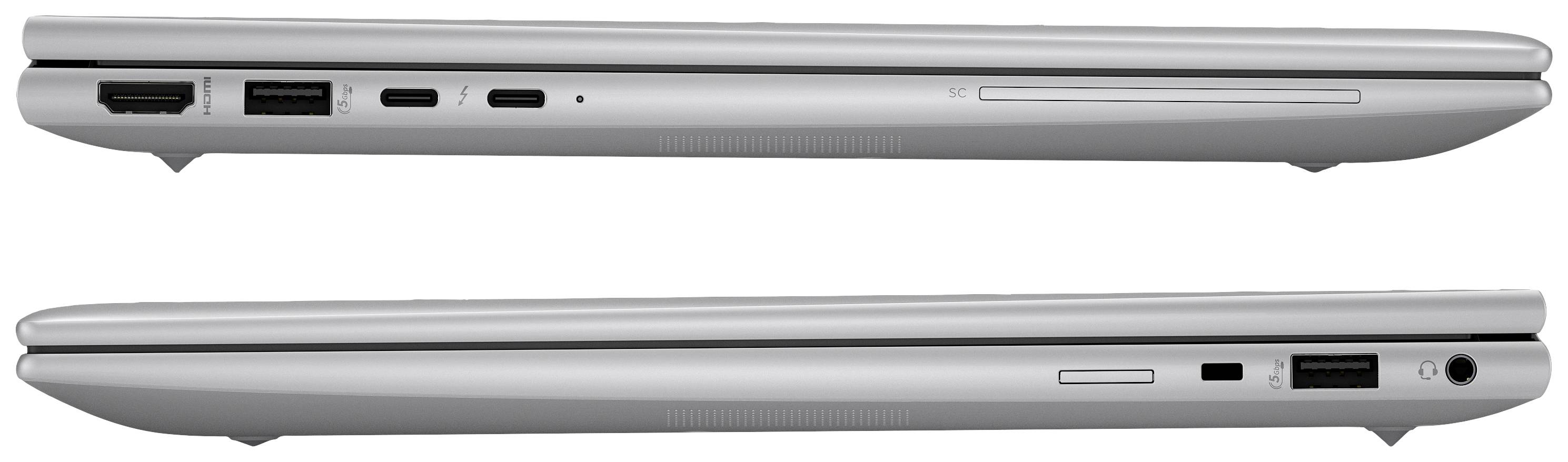 Ein Laptop von der Seite, zeigt Anschlüsse wie USB, HDMI und Kopfhörerbuchse auf der oberen und unteren Ansicht.