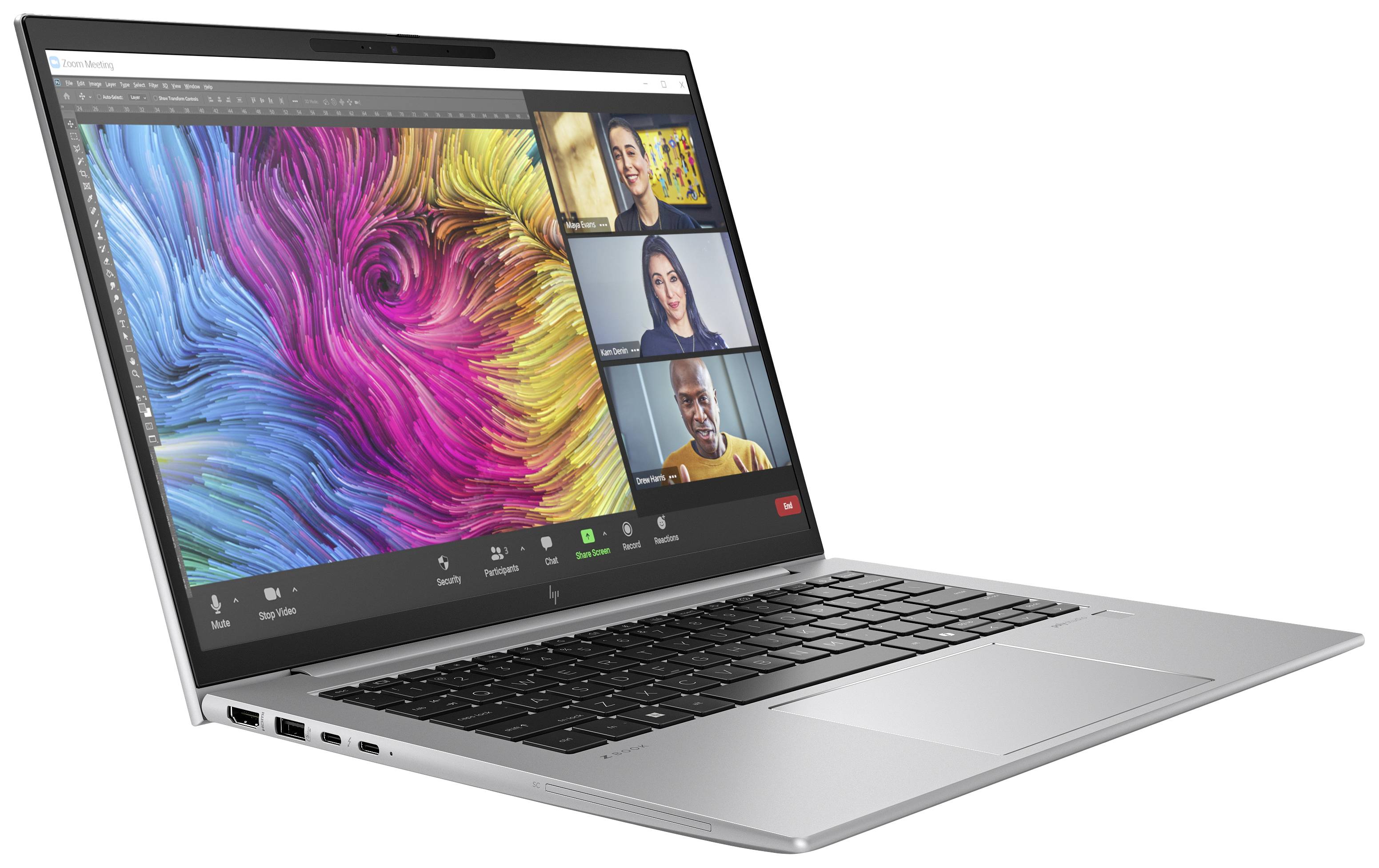 Ein Laptop zeigt einen Videoanruf mit vier Personen und einem bunten, abstrakten Hintergrund auf dem Bildschirm.