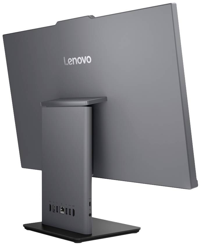 Ein Lenovo-Monitor von hinten, zeigt den stabilen Standfuß und diverse Anschlussmöglichkeiten an der Rückseite.