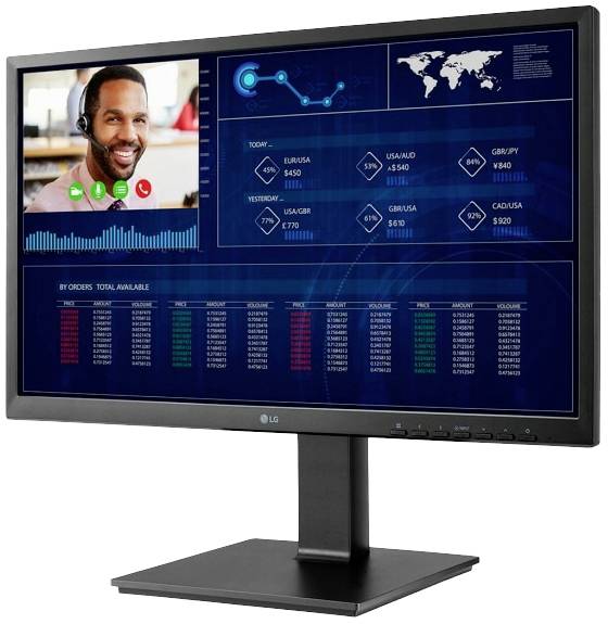 Ein Computermonitor zeigt eine Videoanruf-Schnittstelle mit einem Mann in einem kleinen Fenster. Daneben sind Finanzdaten und Diagramme.