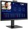 Ein Computermonitor zeigt ein Videogespräch mit einem Mann und verschiedene Datenvisualisierungen, darunter Verkaufszahlen und eine Weltkarte.