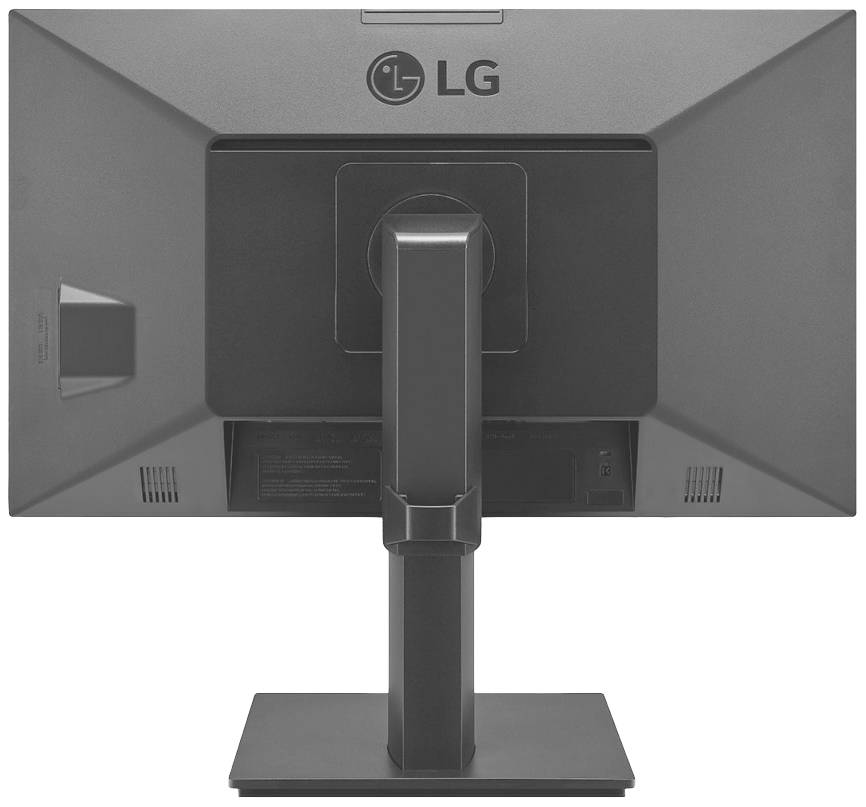 Rückansicht eines LG-Monitors, zeigt den Standfuß und die Montageoptionen, ohne sichtbare Kabel.