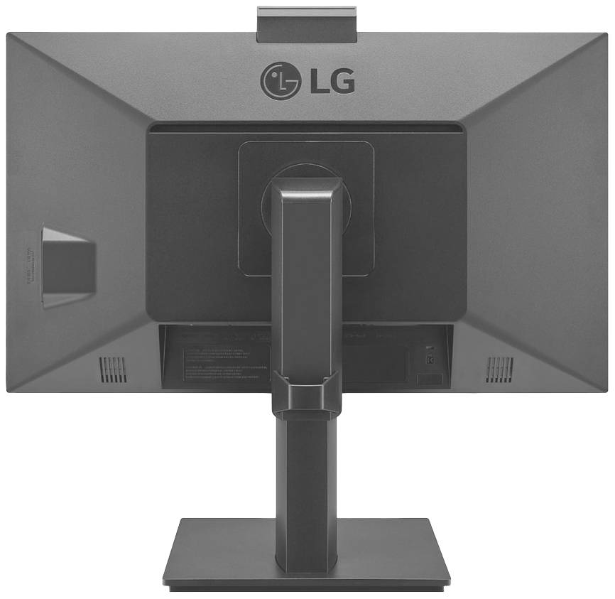 Ein LG Computermonitor, Rückansicht, zeigt die Standfunktion und Anschlüsse. Ideal für ergonomische Arbeitsplatzlösungen.