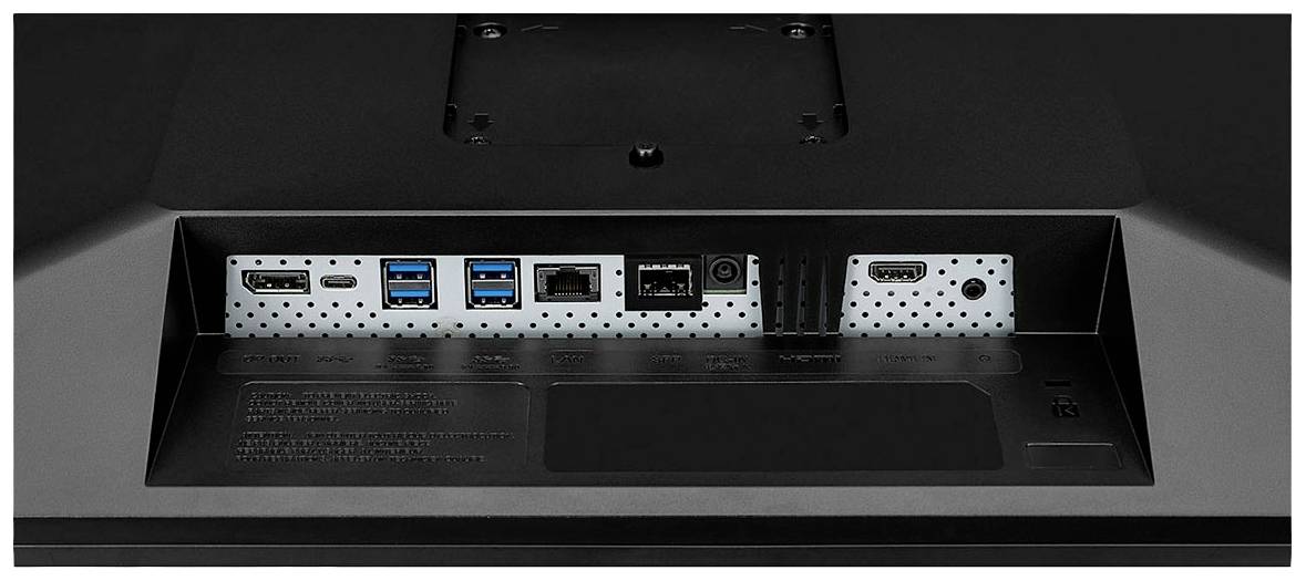 Rückseite eines Monitors mit Anschlüssen: HDMI, DisplayPort, USB 3.0, Ethernet und Strom.