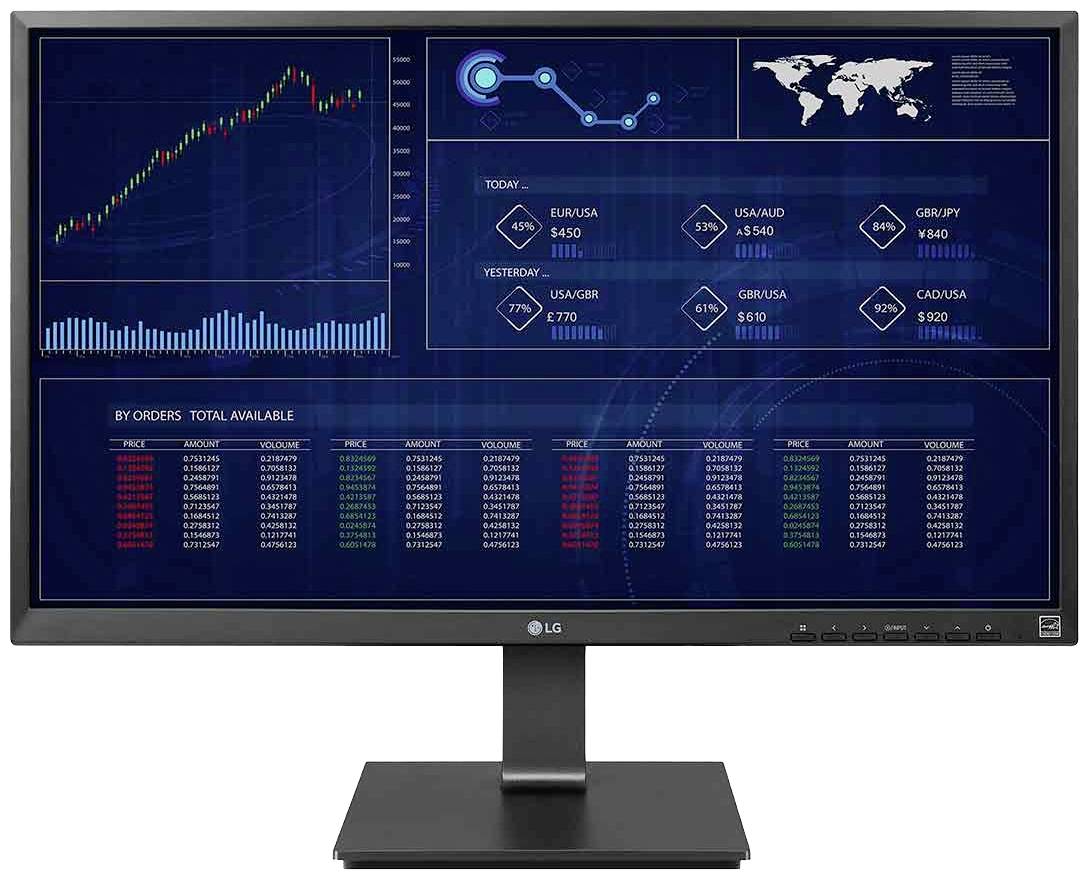 Ein Computerbildschirm zeigt ein Finanz-Dashboard mit Kursdiagrammen, Währungswechselkursen und einer Weltkarte zur globalen Marktübersicht.