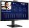 Ein Computermonitor zeigt Videokonferenz mit einer Person, daneben Diagramme und Tabellen mit globalen Verkaufszahlen und Trends.