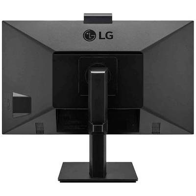 Rückansicht eines LG-Computermonitors mit rechteckigem Standfuß, schwarzem Gehäuse und zentralem Befestigungspunkt.