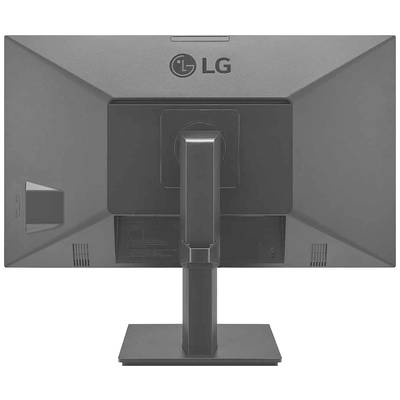 Rückansicht eines grauen LG-Monitors mit verstellbarem Standfuß, zentralem LG-Logo und Lüftungsschlitzen.