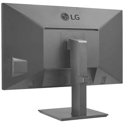 Ein schwarzer Computermonitor von hinten mit einem stabilen Standfuß. Oben ist ein Logo zu sehen.