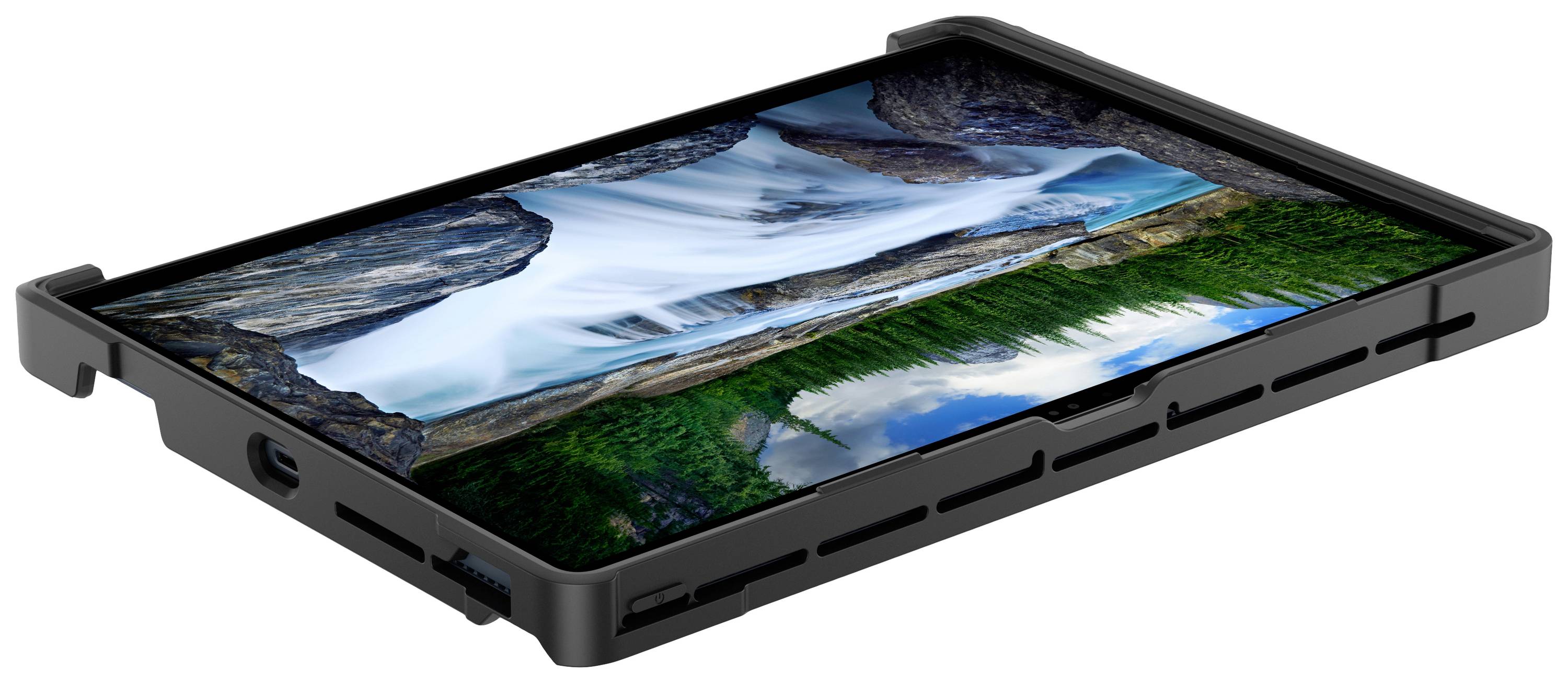 Ein Tablet in schwarzer Hülle zeigt ein Landschaftsbild mit Wasserfall, Bergen und Wald. Das Gerät ist leicht geneigt sichtbar.