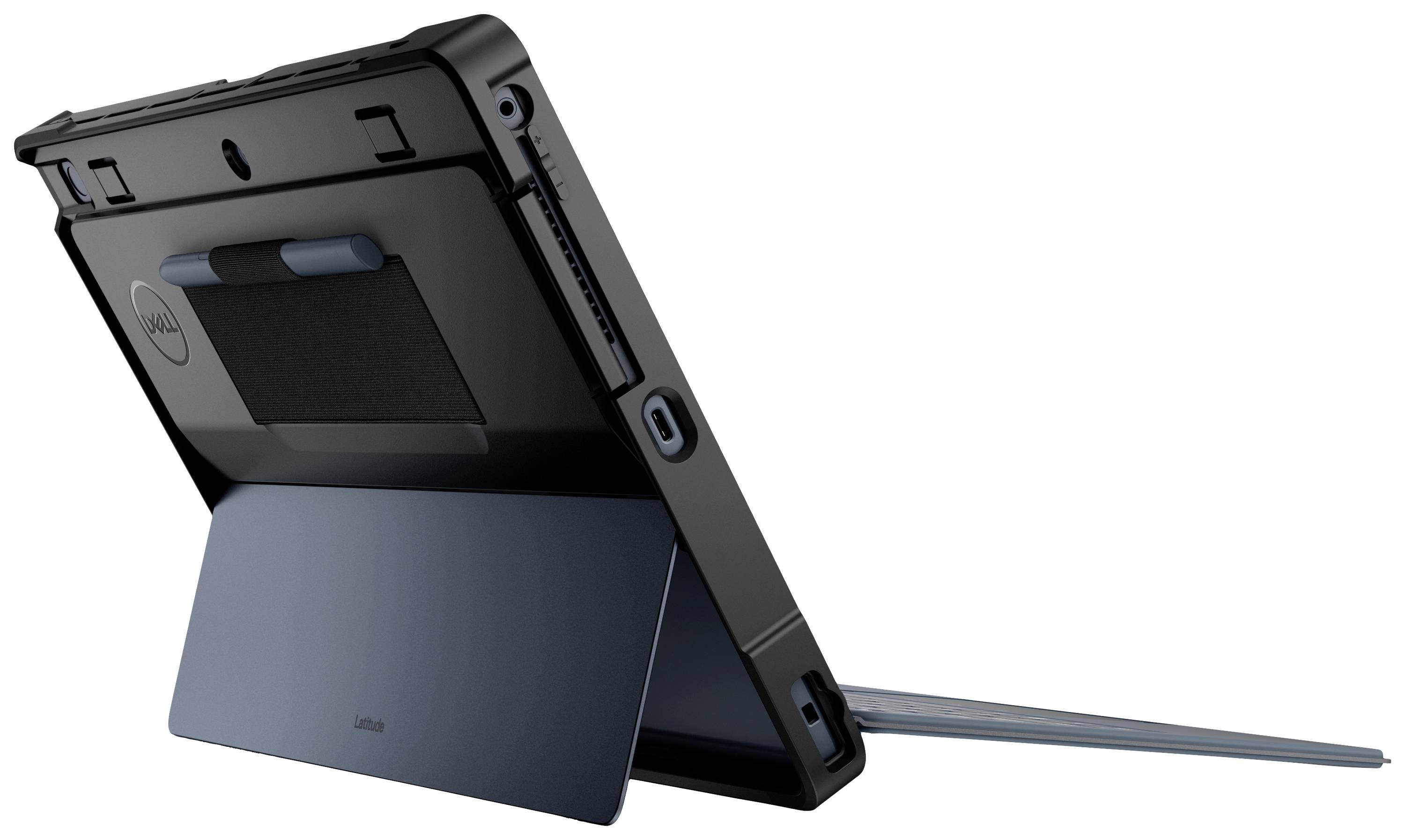 Ein Tablet mit robustem Schutzgehäuse und ausklappbarem Ständer wird von hinten gezeigt, das Logo ist sichtbar.