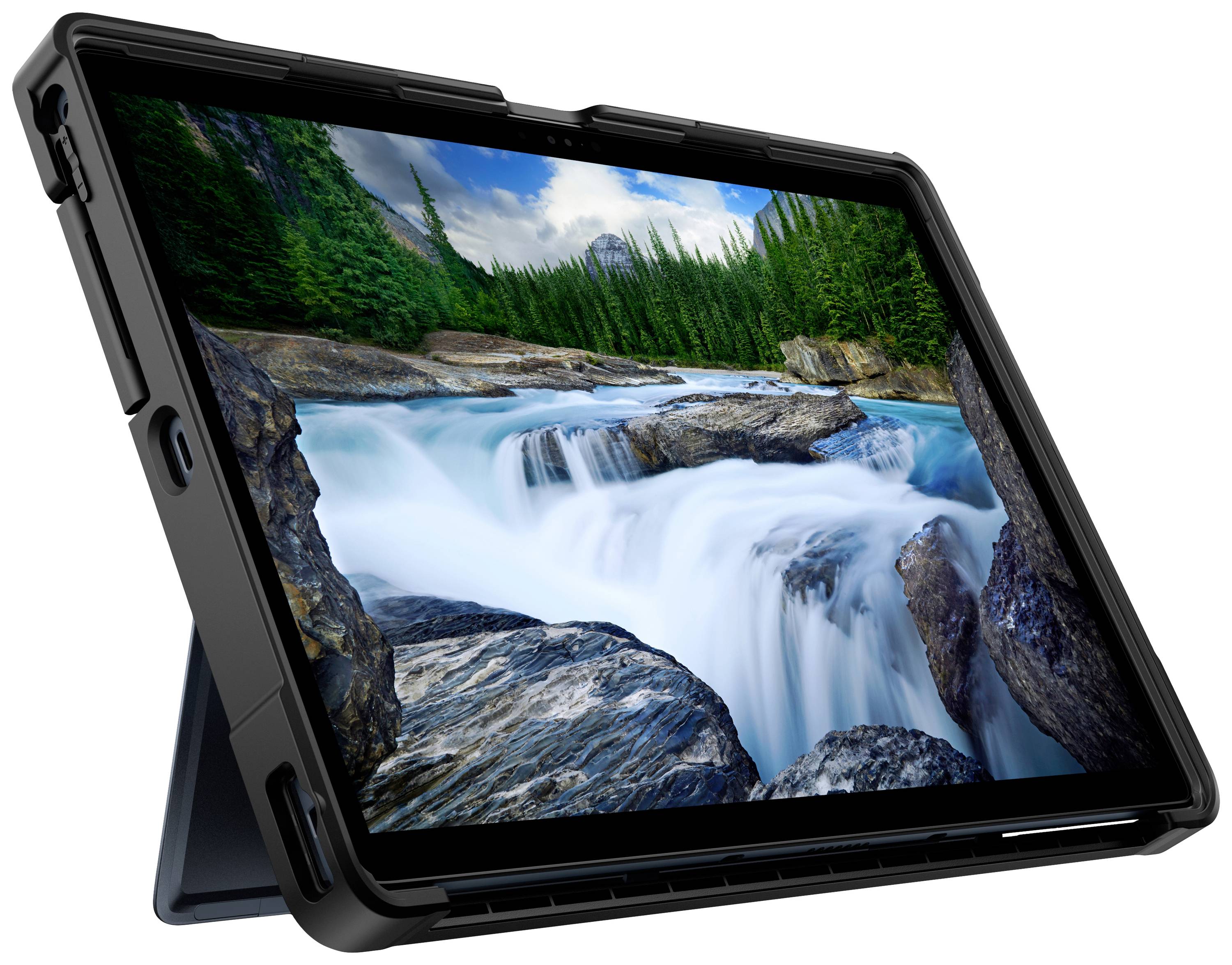 Tablet mit Schutzhülle zeigt ein Naturbild von fließendem Wasser und Waldlandschaft, auf einem Klappständer positioniert.