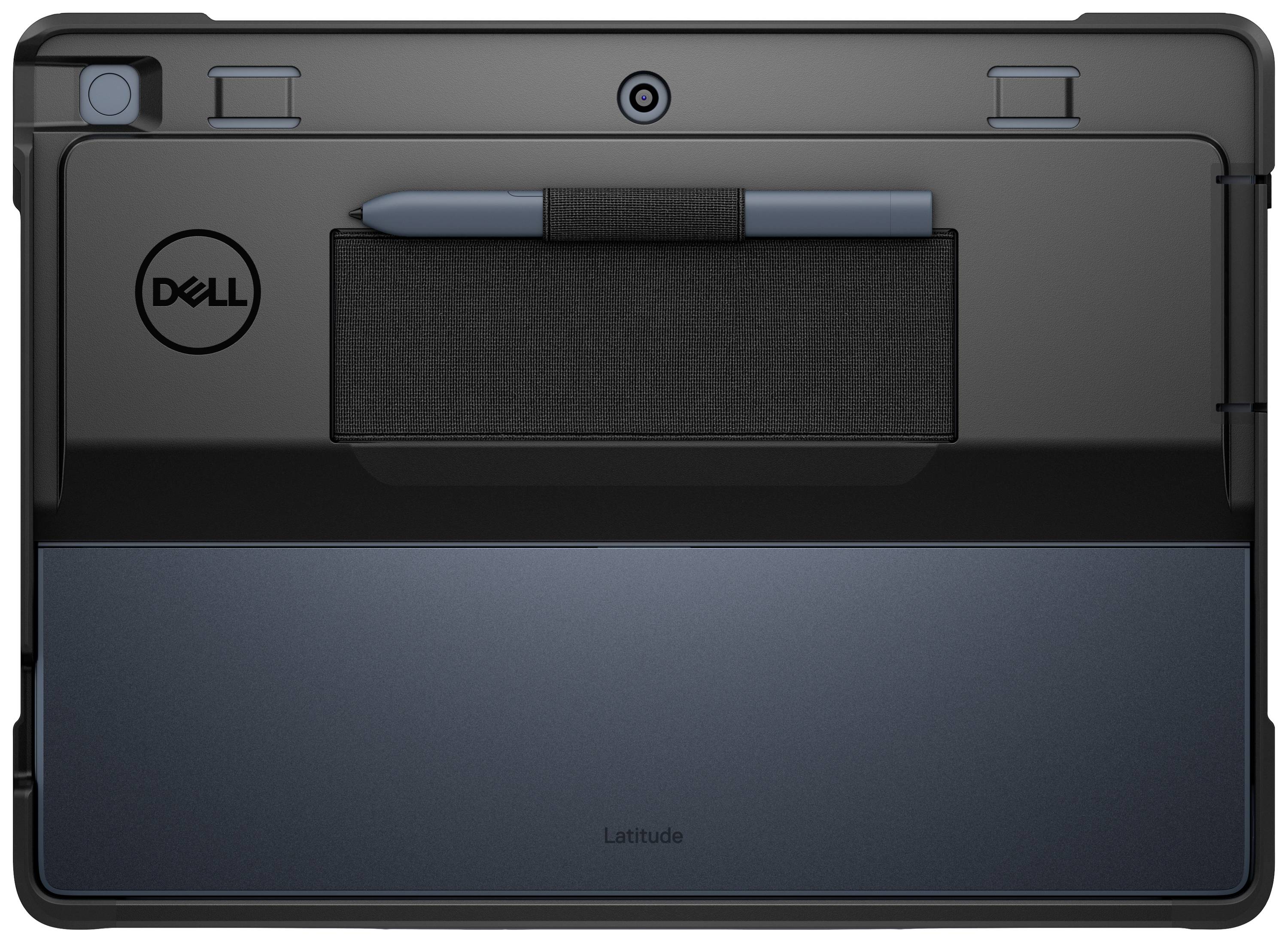 Tablet-Rückseite der Marke Dell mit einem integrierten Stifthalter, der einen Stift enthält, in einer schlichten, dunklen Hülle.