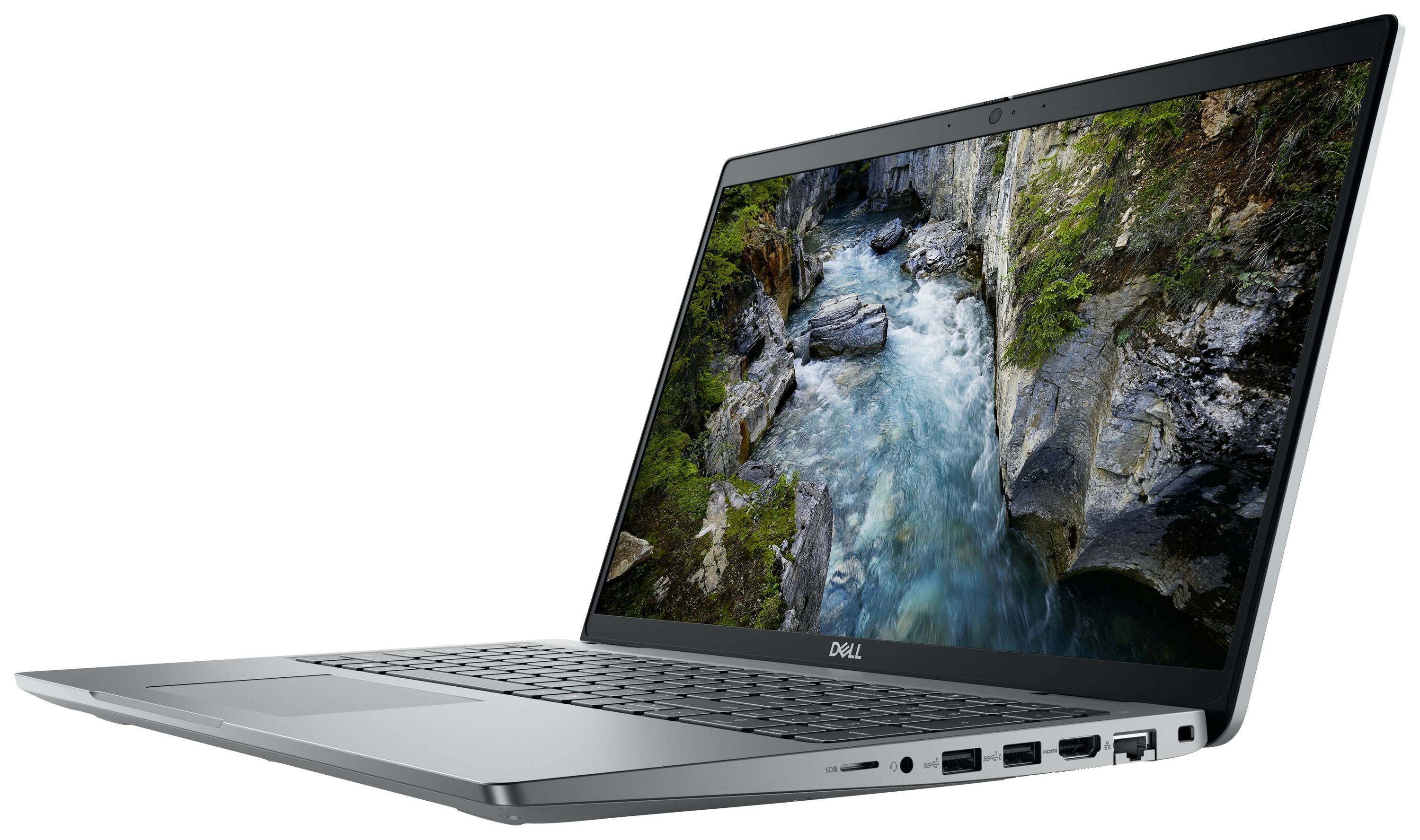 Ein geöffneter Laptop mit einem Bild einer felsigen Schlucht und einem blauen Fluss auf dem Bildschirm. Er hat mehrere Anschlussmöglichkeiten an der Seite.