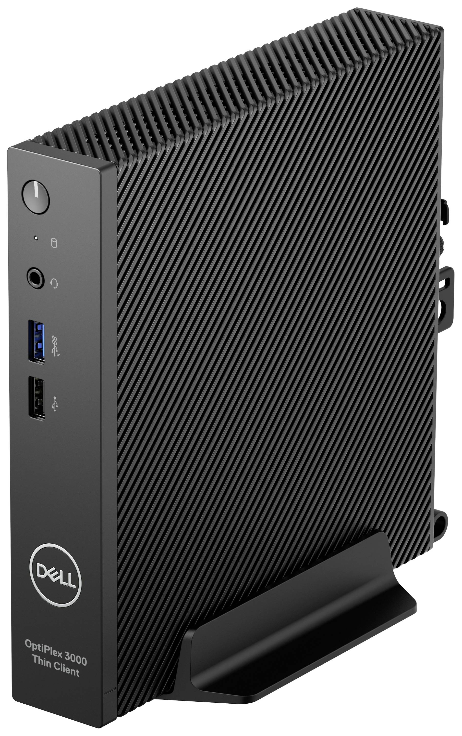 Ein schwarzer, kompakter Dell OptiPlex 3000 Thin Client in Seitenansicht. Enthält USB-Anschlüsse und Stromknopf an der Vorderseite.