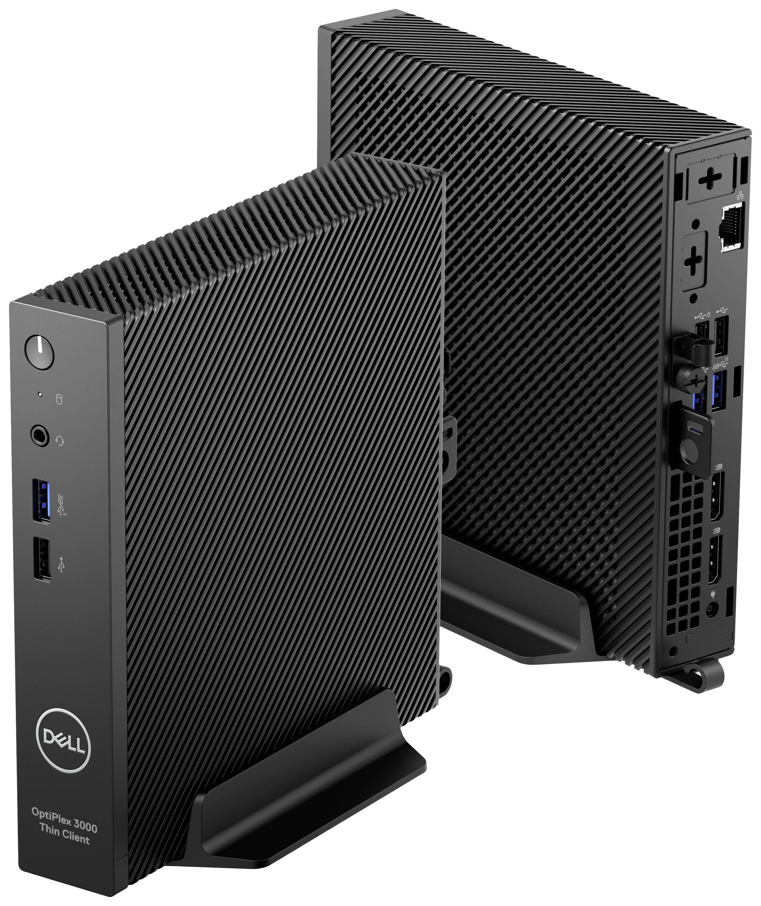 Zwei schwarze, schlanke Dell OptiPlex 3000 Thin Clients stehen aufrecht nebeneinander, mit sichtbaren Anschlüssen an der Seite und Rückseite.