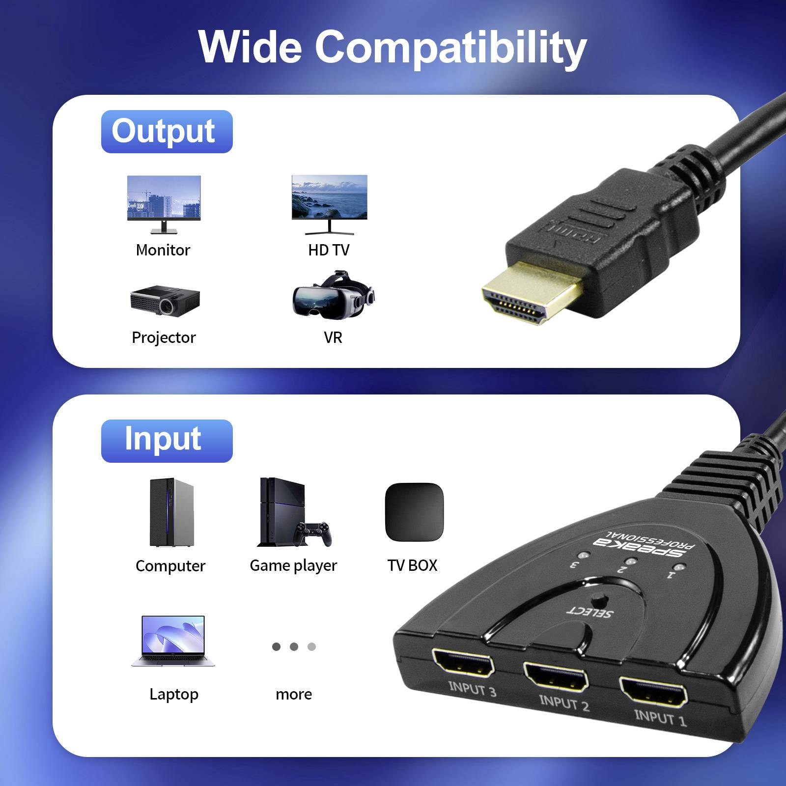 HDMI-Switch mit 3 Eingängen und 1 Ausgang, kompatibel mit Monitoren, Projektoren, Computern, Spielkonsolen und VR-Geräten.