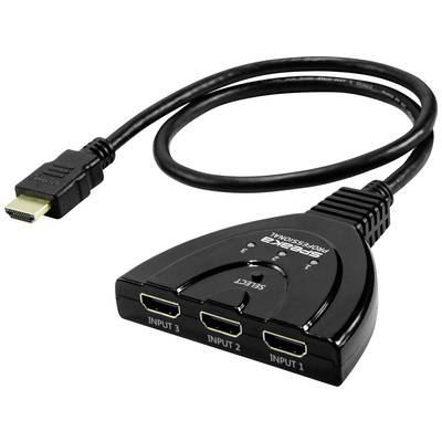 HDMI-Splitter mit drei Eingängen und einem Ausgang, schwarzes Kabel. Knopf zum Auswählen des Eingangs, kompaktes Design.