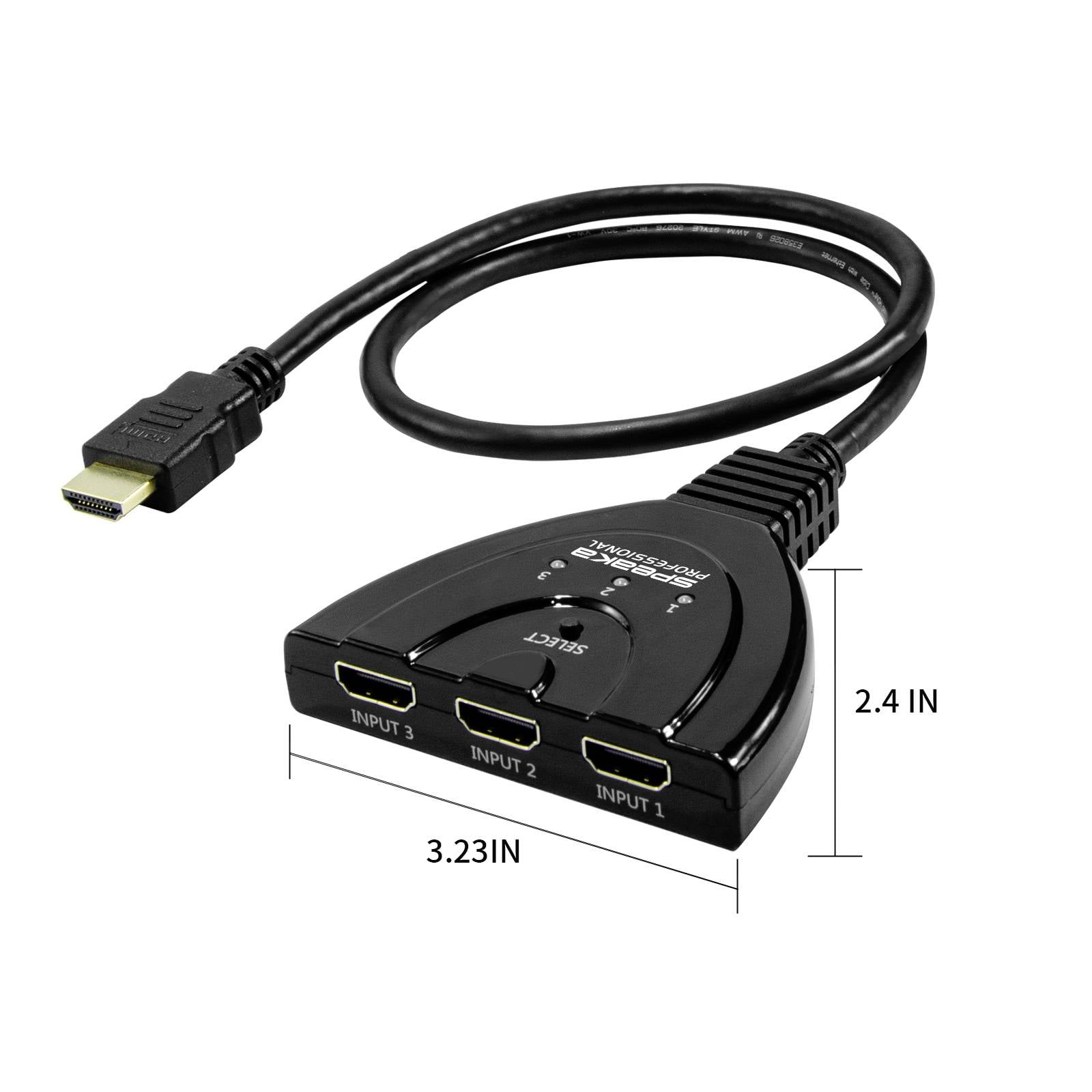'Dreifacher HDMI-Umschalter mit 3 Eingängen und 1 Kabel. Maße: 3,23 x 2,4 Zoll. Tasten zur Auswahl des Eingangs.'