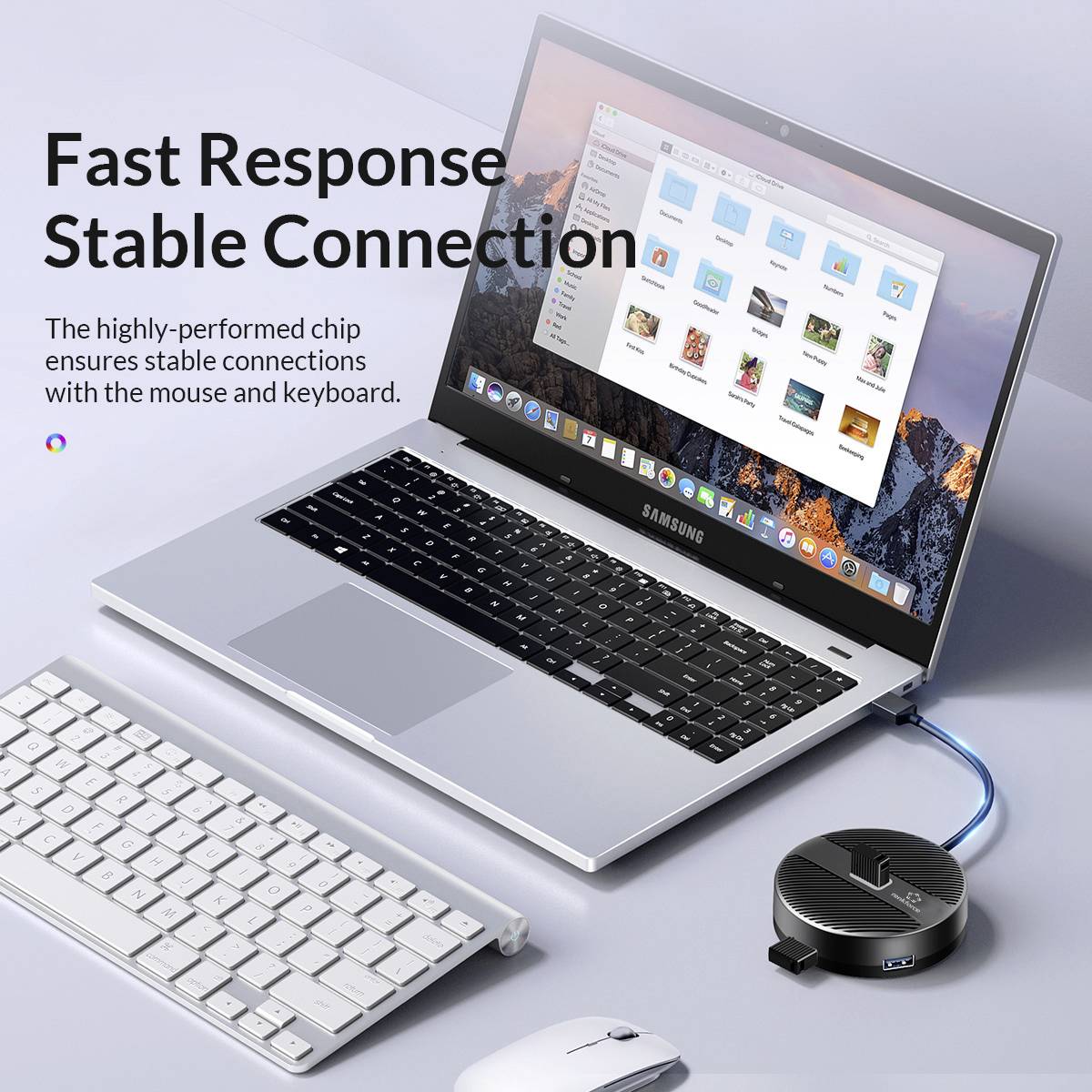 Ein Laptop, angeschlossener Adapter, kabellose Tastatur und Maus. Text: 'Fast Response, Stable Connection' über Laptop-Anzeige.