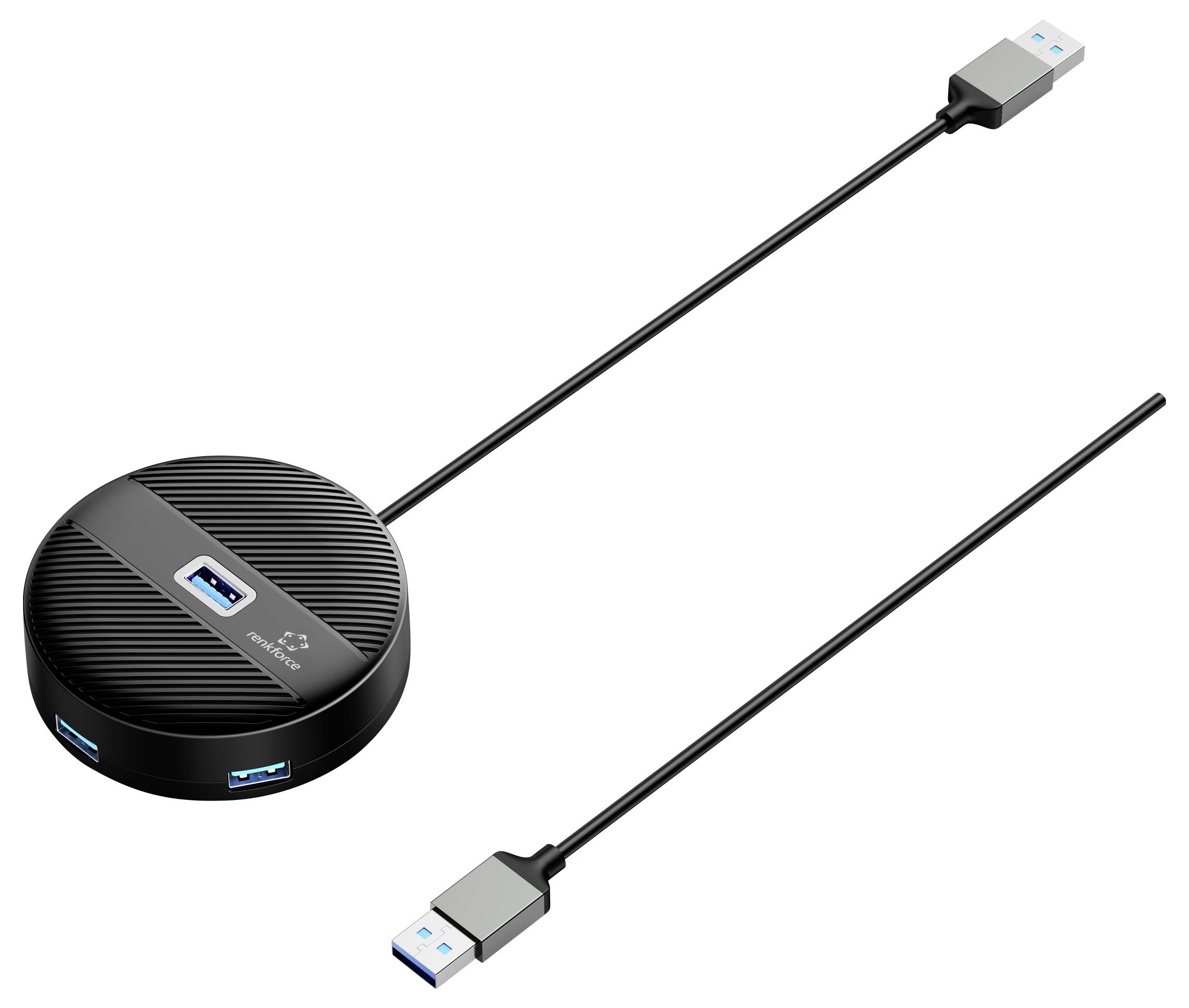 Ein runder USB-Hub mit drei Anschlüssen und einem langen Kabel. Zwei Anschlüsse am Hub, einer am Ende des Kabels. Ideal für erweiterte USB-Konnektivität.