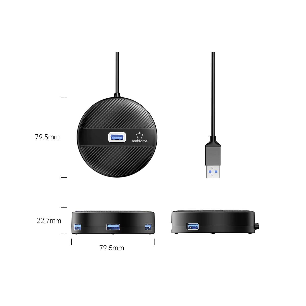 USB-Hub in runder Form mit 4 USB-Ports; Abmessungen 79,5 mm Durchmesser und 22,7 mm Höhe; enthält USB-Kabelanschluss oben.