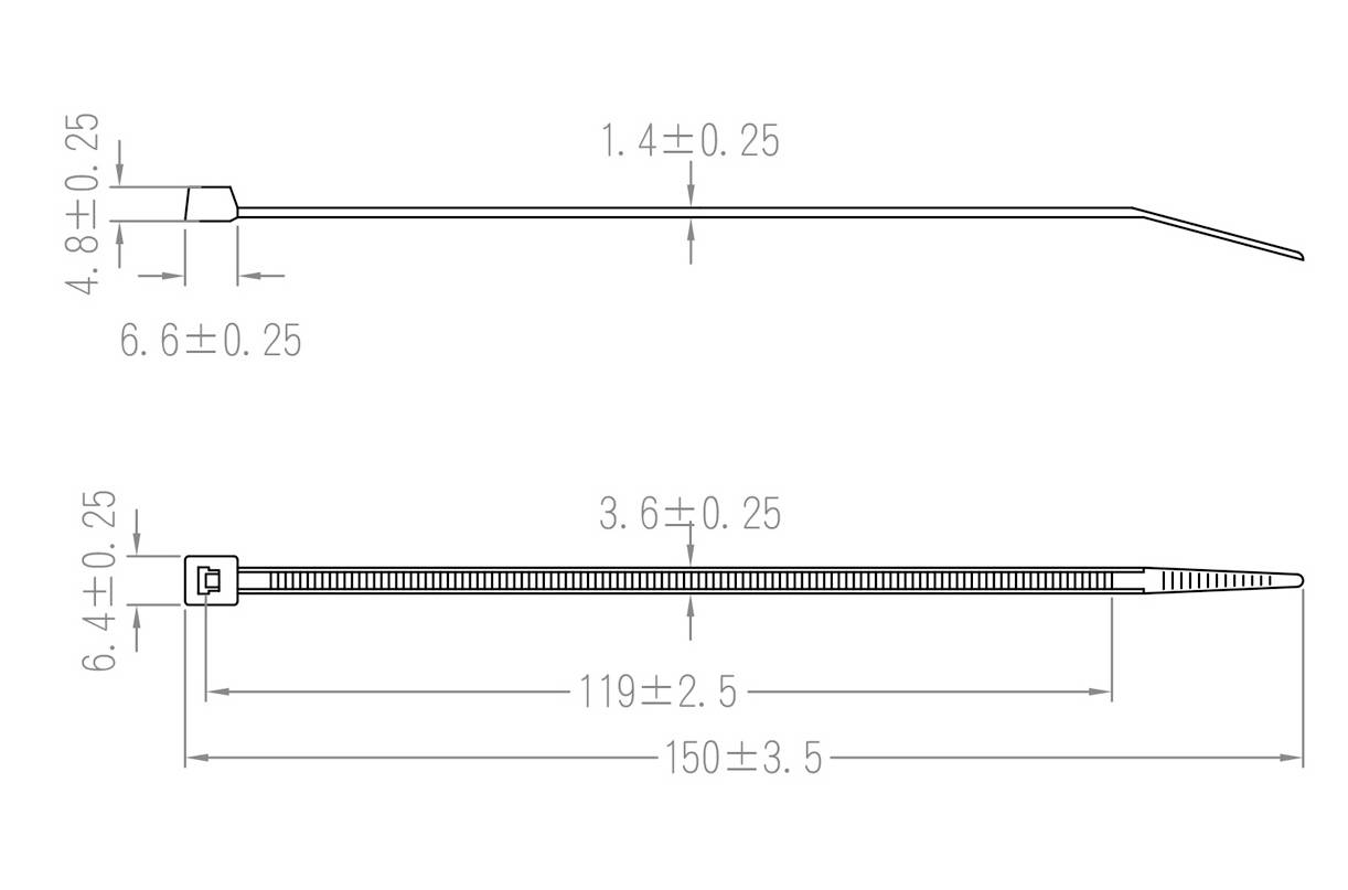 Maßzeichnung eines Kabelbinders mit Längenangaben. Oben: Breite 4,8 mm, Länge 150 mm. Unten: Detail des Verschlusses mit Breite 6,6 mm.