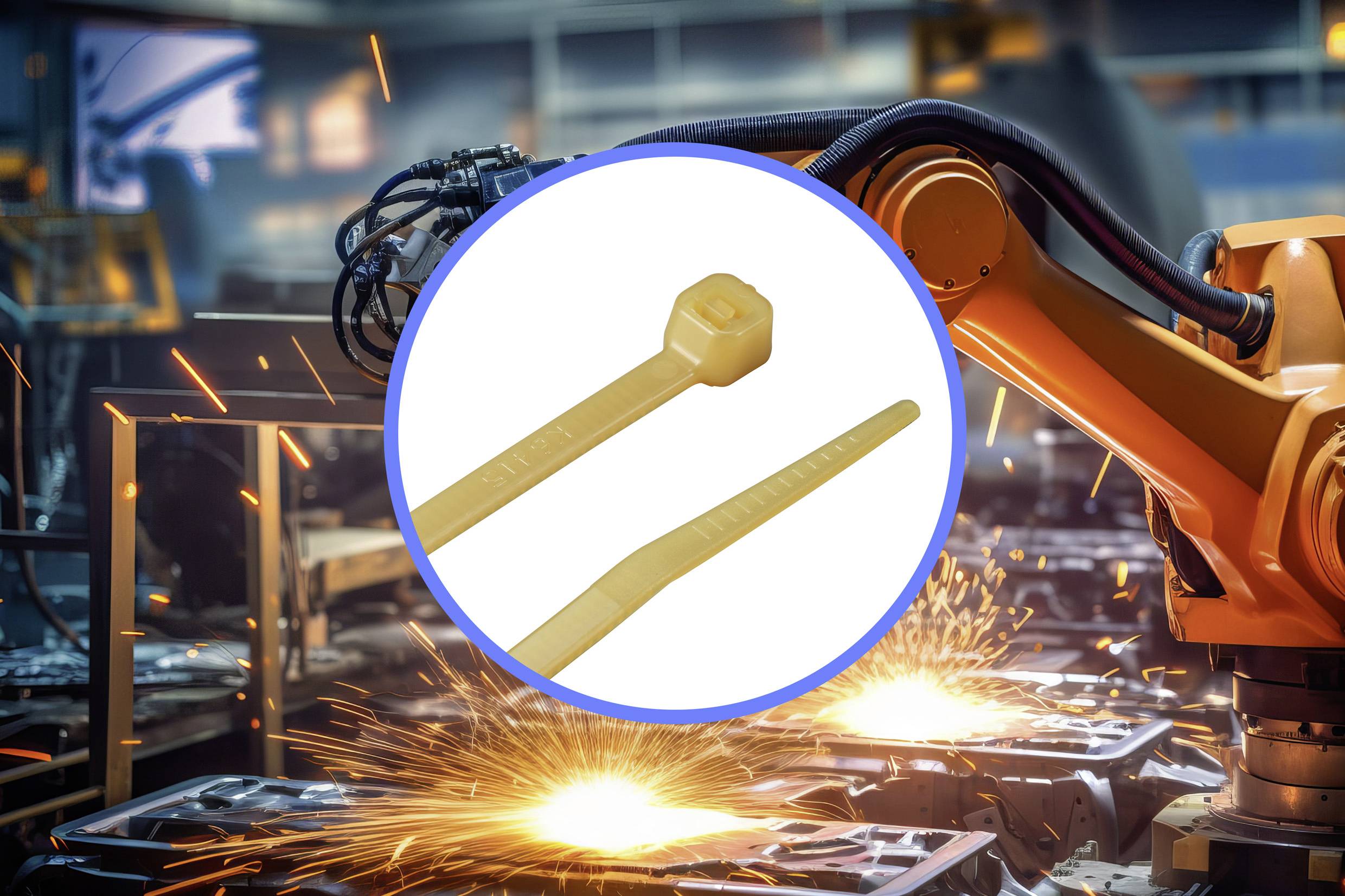 Ein Roboterarm schweißt Metall in einer Fabrik. Im Kreis sieht man zwei gelbe Kabelbinder.