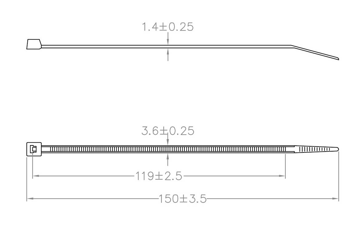 Darstellung von Kabelbindern mit den Maßen: Breite 1,4 mm ± 0,25, Länge 150 mm ± 3,5. Breitere Basis hat Breite 3,6 mm ± 0,25.